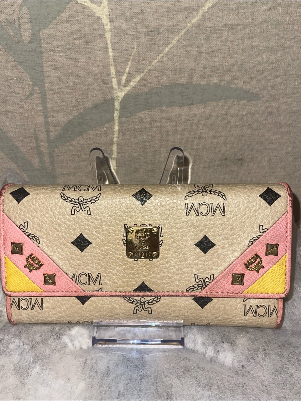 MCM Beige Pink Yellow Coated Canvas Continental Wallet